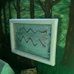 a sequin board is mounted on a rainforest mural. there are two squiggly lines drawn in the sequins.