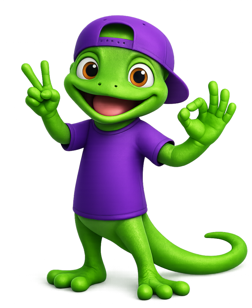 Goody Gecko stand doing a "peace" gesture with his right hand and an "okay" gesture with his left.