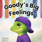 Book cover: title reads "Goody's Feelings" and shows an image of Goody gecko with painted lines behind him.
