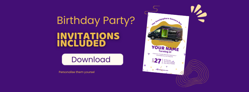 image states that if booking a birthday party, you can download personalisable invitations by clicking the image